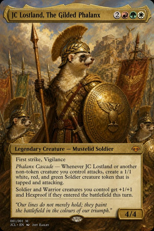 Custom MTG card art of an anthropomorphic ferret hoplite commander in gilded armor leading a soldier phalanx before a moun...