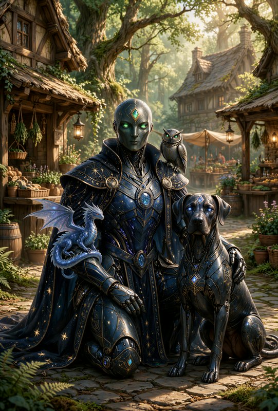Armored robotic fantasy mage with mechanical familiars in a sunlit medieval forest village market