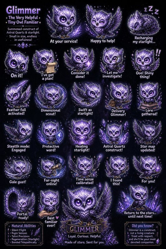 Reference sheet for Glimmer, the tiny purple astral quartz owl familiar, showing emotes, abilities, and lore on a dark