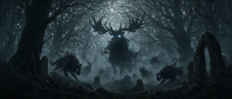 [Towering spectral stag with glowing eyes leads shadow wolves through a misty haunted ancient forest dotted with standing ...