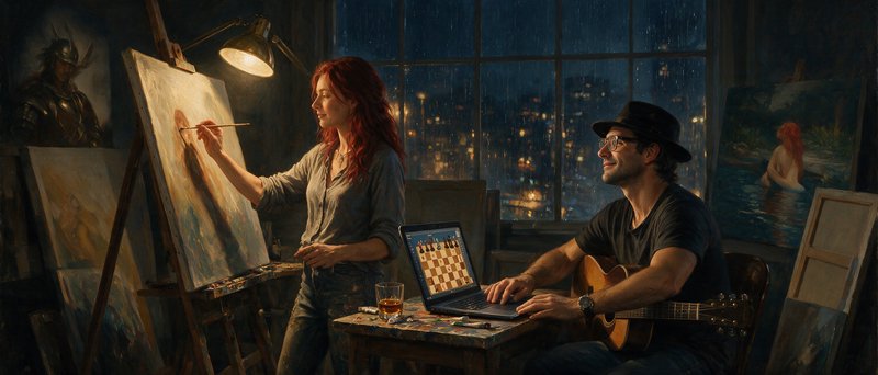 Red-haired artist paints at an easel while a man with a guitar plays online chess in a cozy rainy...