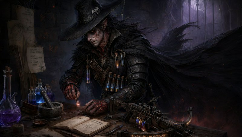 Brooding dark elf alchemist monster hunter handles a glowing vial at a cluttered arcane workbench...