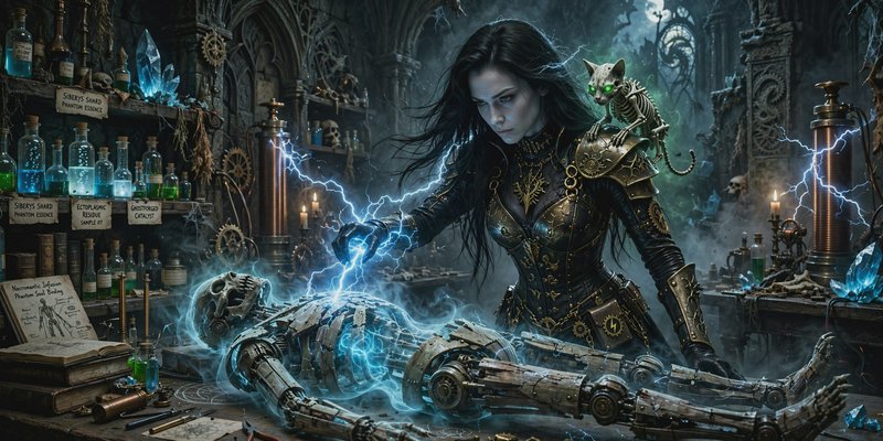 [Steampunk female necromancer channels lightning to animate a mechanical skeleton, with a glowing skeletal cat familiar pe...
