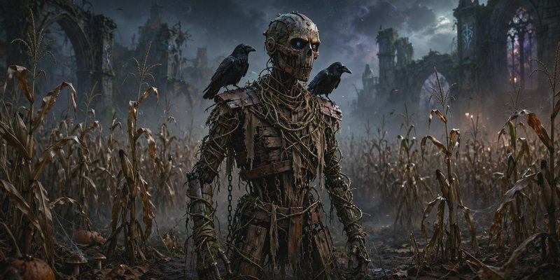 Vine-wrapped skeletal scarecrow golem with perched crows stands in a dead cornfield before misty ...