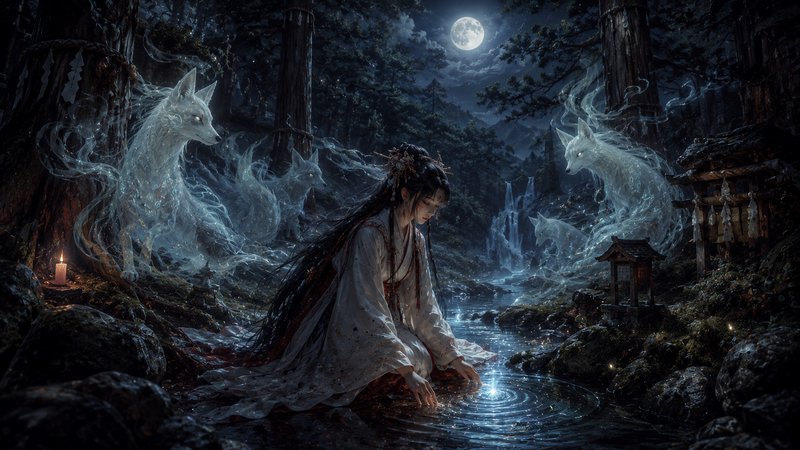 Young woman in traditional hanfu kneels at moonlit forest stream, surrounded by glowing ethereal ...