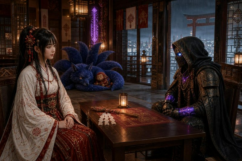 Fantasy scene of a shrine maiden, hooded armored figure, and blue nine-tailed fox in a lantern-li...