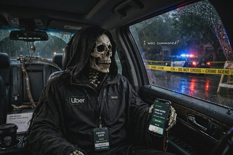 Hooded Grim Reaper works as an Uber driver, seated in a rainy car looking at a crime scene pickup...