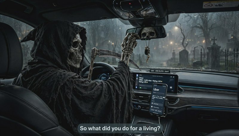 [Hooded skeletal Grim Reaper rideshare driver sits behind a car steering wheel holding a scythe, with a rainy graveyard ou...