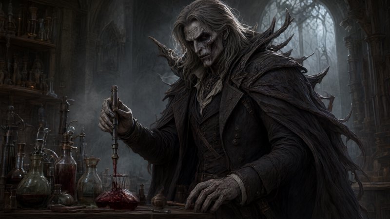 Undead gothic alchemist pours red potion into a flask in a shadowy foggy castle laboratory.