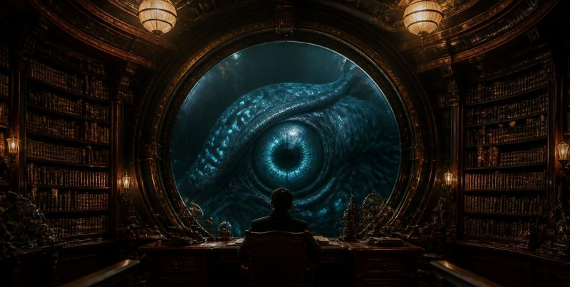 Silhouetted scholar sits in an ornate antique library, facing a massive glowing cosmic sea creatu...