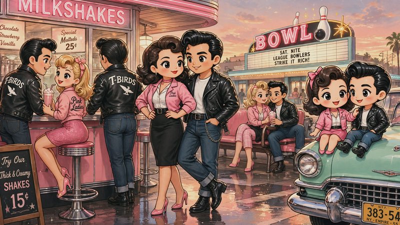Chibi illustration of 1950s Grease-style T-Birds and Pink Ladies couples gathered outside a vinta...