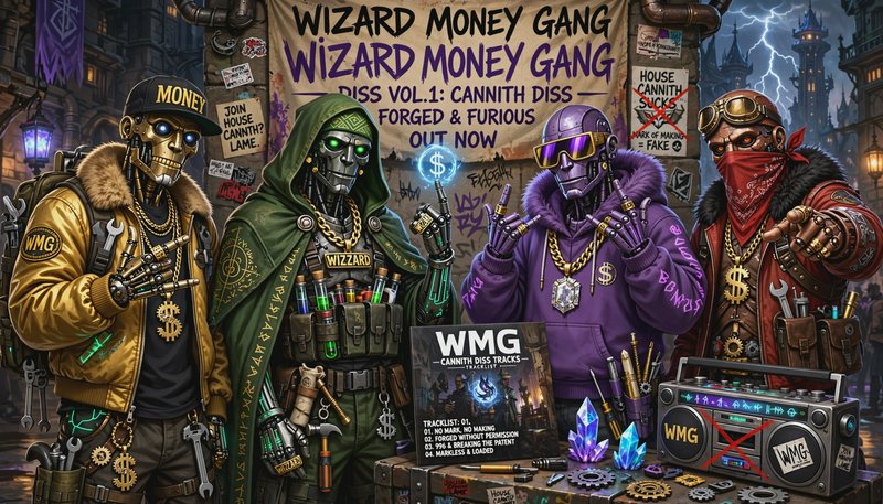 Four stylized steampunk cyborg Wizard Money Gang members stand in a gothic alley promoting their ...