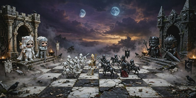 Chibi-style fantasy chess battle diorama, opposing light and dark armies face off on a cracked ch...