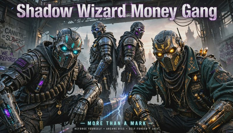 Shadow Wizard Money Gang promotional graphic featuring four steampunk cybernetic armored figures ...