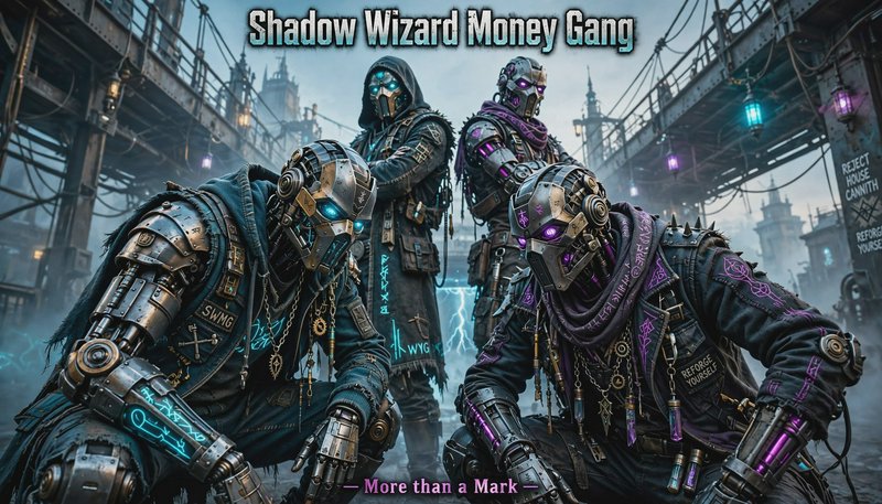Four steampunk cyborg Shadow Wizard Money Gang characters posed in a misty dystopian industrial c...