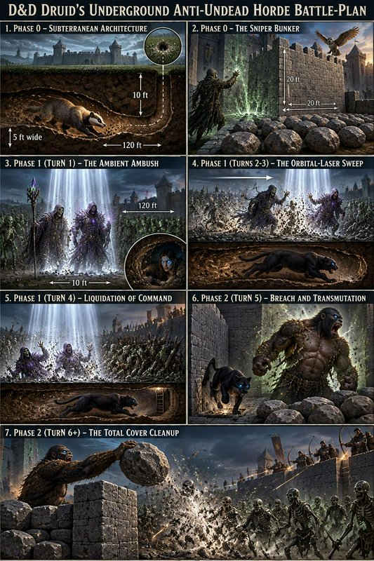 7-panel illustrated D&D Druid anti-undead fortress battle plan infographic outlining sequential T...