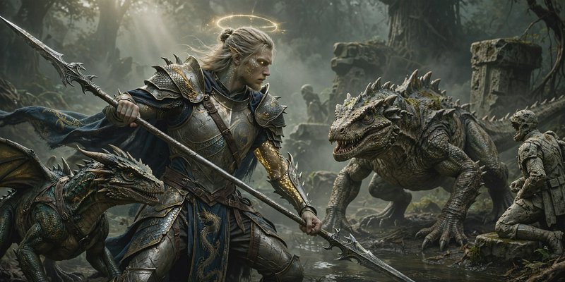 Armored elven paladin with golden halo holds a spear, facing a giant swamp lizard, small dragon a...