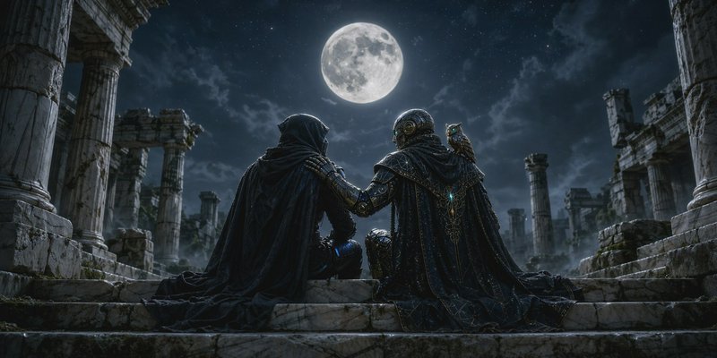 Two hooded fantasy figures sit on ancient stone ruin steps, gazing up at a bright full moon in a ...