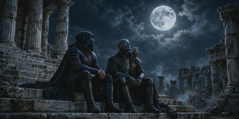 Two hooded armored fantasy figures sit on ancient temple ruin steps under a glowing full moon, on...