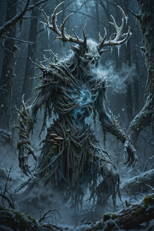 Skeletal frost wendigo creature with ice-draped antlers stands in a foggy snowy dark winter fores...