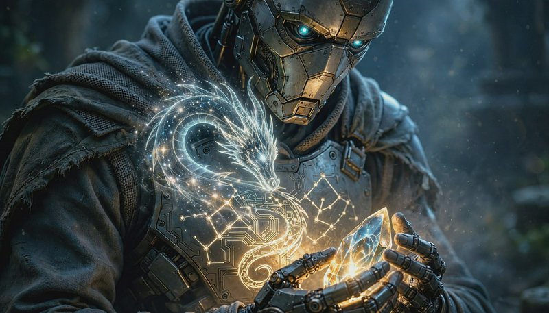 Armored hooded cyborg wizard holds a glowing crystal, summoning a luminous hologram dragon spirit...