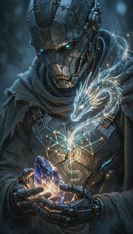 Armored cyborg wizard conjures a glowing ethereal spirit dragon while holding a luminous purple c...