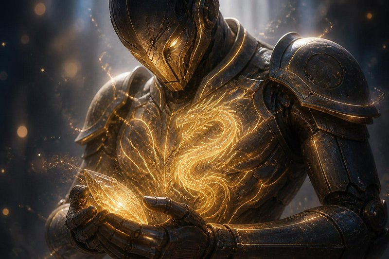Armored fantasy knight with glowing golden dragon chest sigil cradles a luminous magical crystal,...