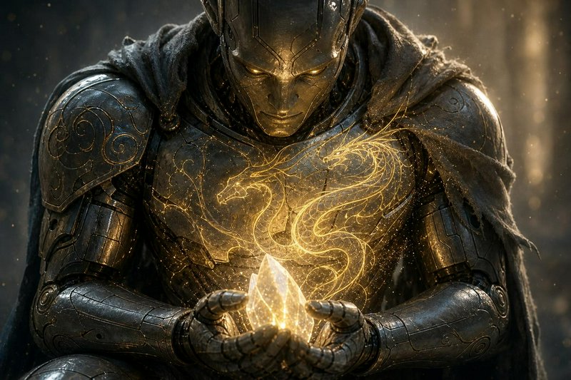 Metallic fantasy automaton bows while cradling a glowing golden crystal, with a luminous dragon i...
