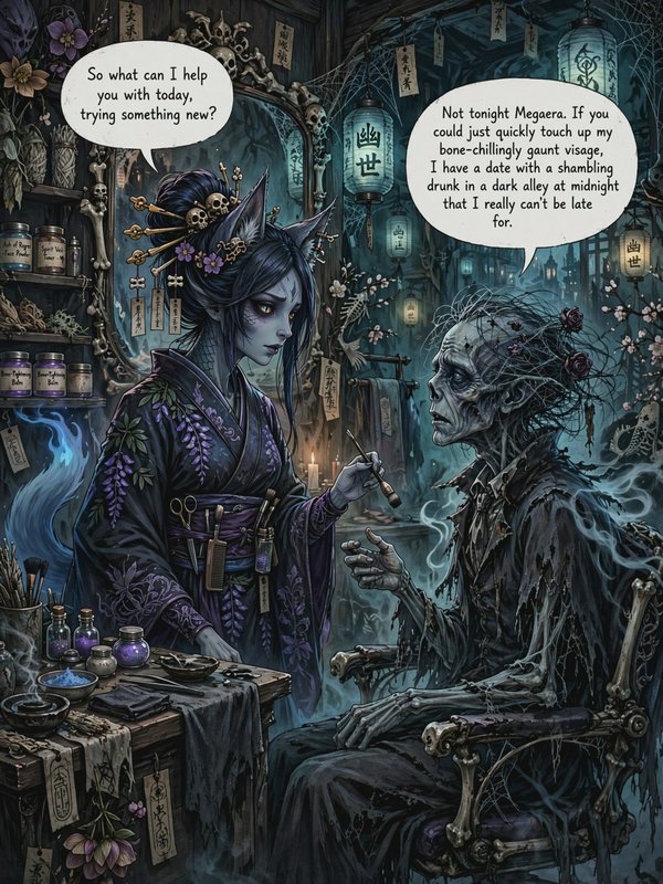 Dark fantasy illustration of kitsune beautician speaking to undead client in a spooky gothic salo...