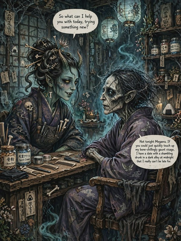 Spooky dark fantasy scene: horned oni beauty stylist speaks to gaunt undead customer in a cobweb-...