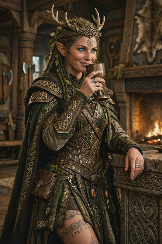 Smiling elven druid with antler circlet holds a brass goblet, leaning on a carved Norse longhouse...