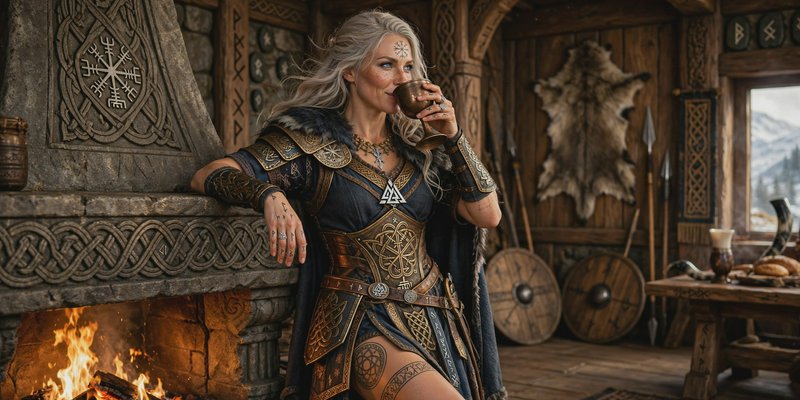Silver-haired shield maiden in ornate viking armor drinks from a brass goblet beside a roaring ca...