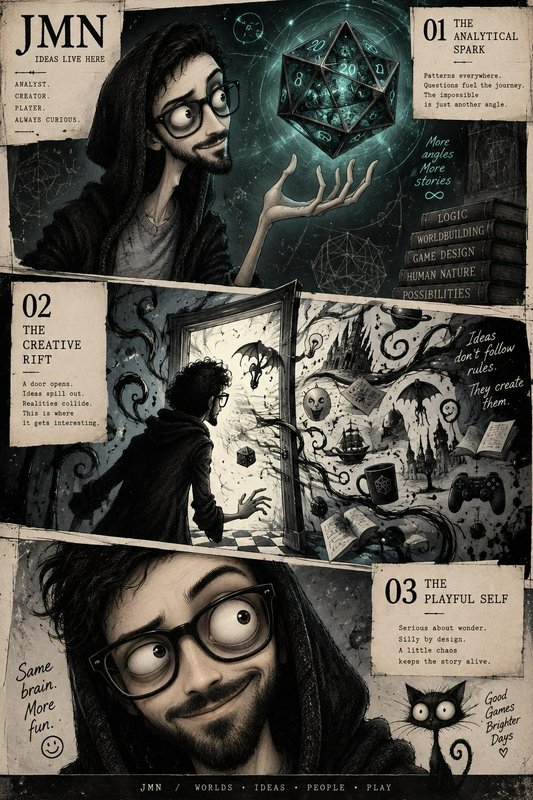 3-panel Tim Burton-style illustration of a hooded game creator with a glowing D20, fantasy portal...