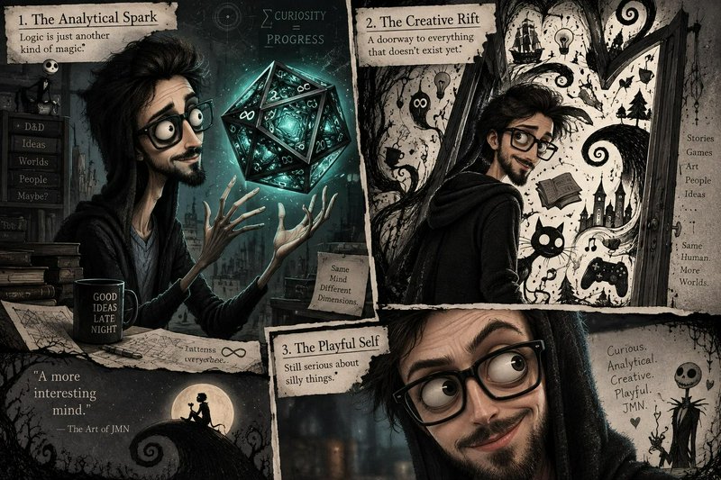 Tim Burton style triptych illustration of a hooded, glasses-wearing artist showcasing 3 facets of...