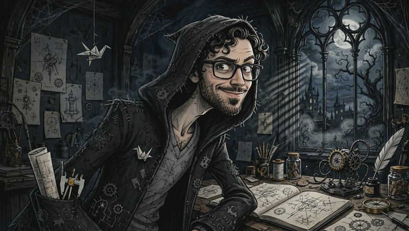 Smiling bespectacled steampunk inventor leans on a cluttered gothic workshop desk, moonlit castle...