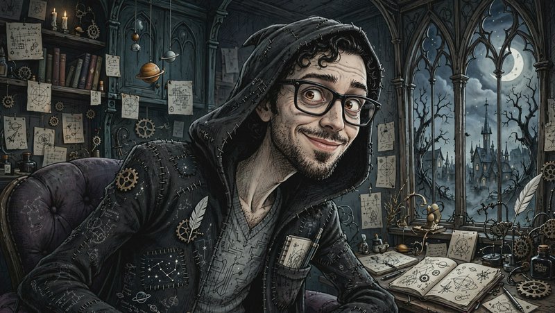 Caricature of hooded steampunk astrologer with glasses seated in a cluttered gothic observatory o...