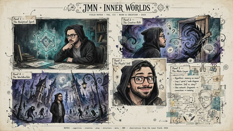 Illustrated "JMN Inner Worlds" field notes comic panel set exploring facets of a creative thinker...