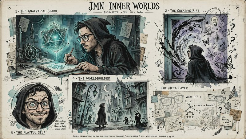 Illustrated vintage field journal page with 5 panels exploring facets of a hooded creator's inner...