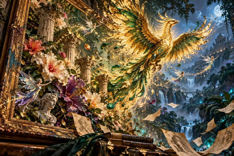 Surreal fantasy scene where a glowing golden-green phoenix bursts from an ornate gilded frame int...