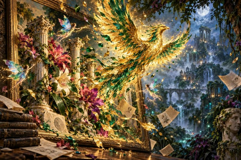 Glowing golden emerald phoenix bursts from an ornate gilded painting, surrounded by tiny fairies,...