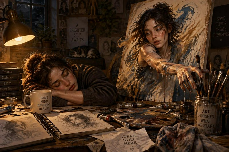 Surreal artwork of exhausted artist asleep at cluttered art desk, beside paint-dripping self-port...