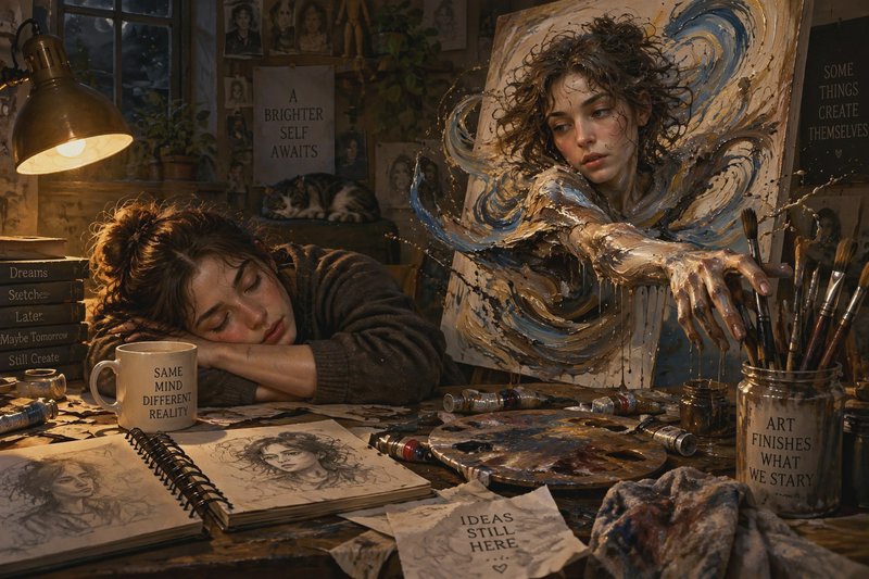 Surreal art studio scene: sleeping artist at cluttered desk, her painted portrait reaching out fr...