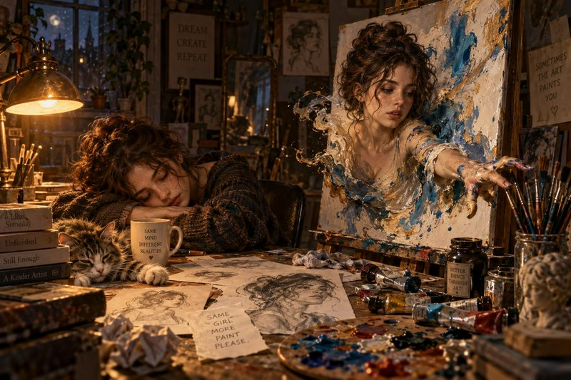 Surreal artist studio scene: sleeping artist rests at her desk as her painted portrait reaches ou...