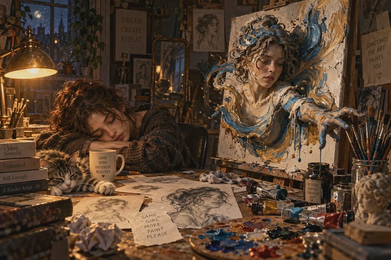 Surreal artist studio scene: sleeping painter with napping tabby cat, her painted portrait reache...