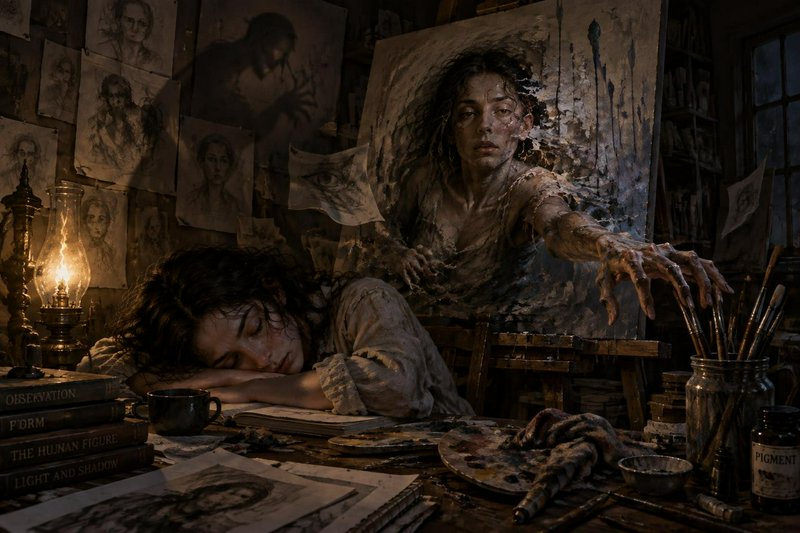 Exhausted artist sleeps at her dim studio desk as a spectral painted version of herself reaches o...