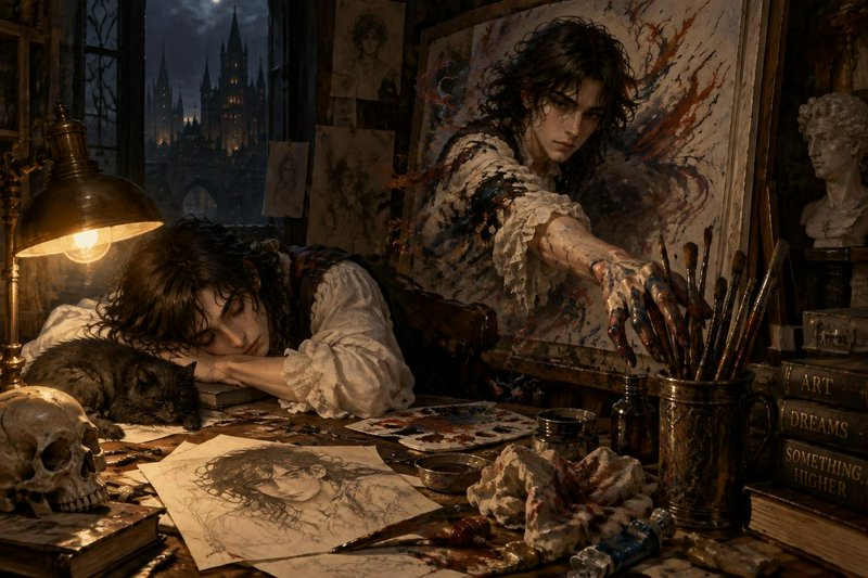 Surreal artwork of exhausted painter asleep at cluttered art desk, his painted self reaching for ...