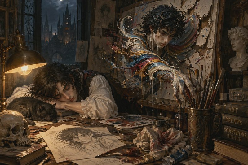 Surreal painting of sleeping artist at cluttered studio desk, his self-portrait reaching out with...