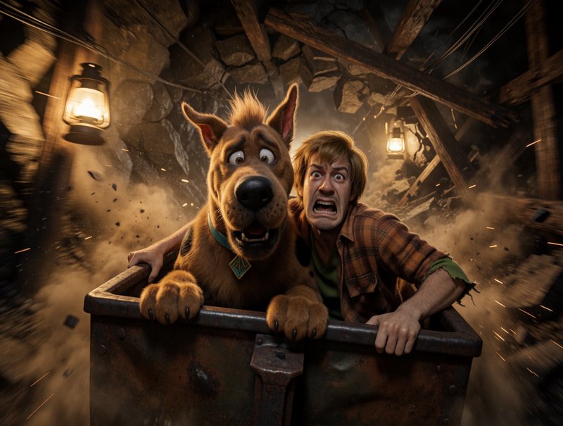 Terrified Scooby-Doo and Shaggy hold on tight to a runaway mine cart as a mine tunnel collapses a...