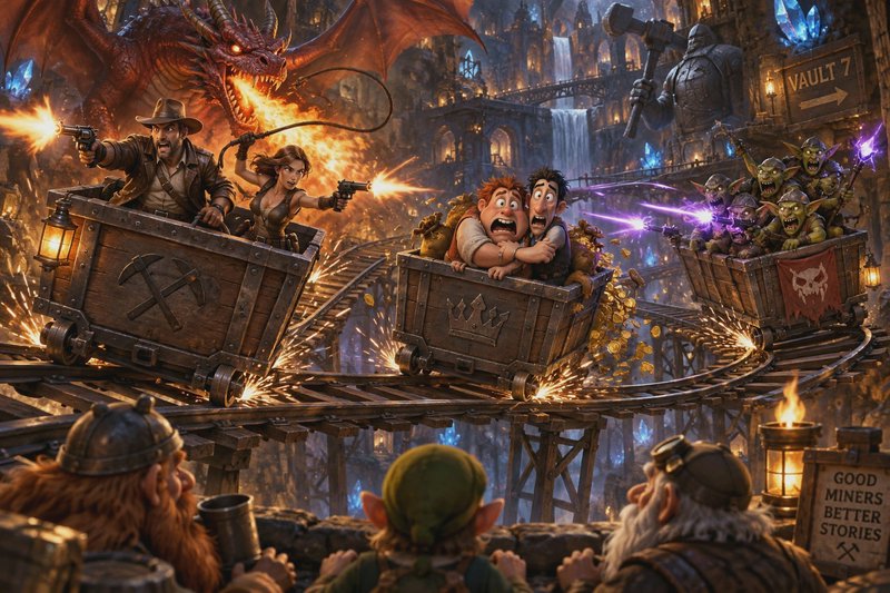 Chaotic fantasy mine cart chase scene with adventurers, goblin raiders, and a fire-breathing drag...