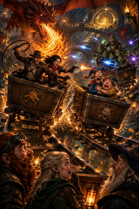 Chaotic fantasy mine cart chase with adventurers, fire-breathing red dragon, goblin raiders, and ...